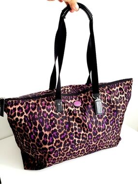 Coach Ocelot Tote Large Bag- Weekender Leopard Print Purple and Brown